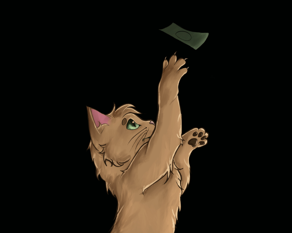 Digital painting of a ginger cat reaching up to bat at a floating dollar bill