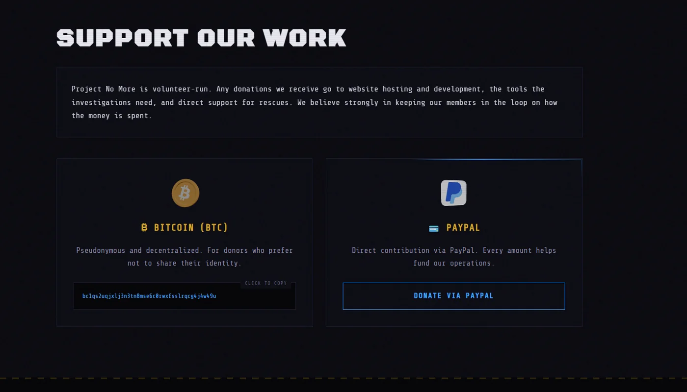 The Support Our Work section of the homepage, showing Bitcoin and PayPal donation cards side by side