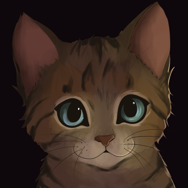 A painted portrait of a brown tabby kitten with wide blue eyes, looking straight ahead against a dark background