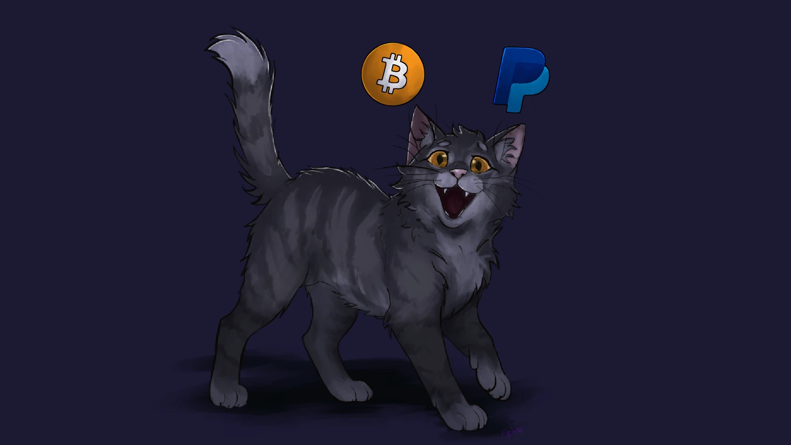Digital painting of a gray tabby cat batting at a floating Bitcoin coin and PayPal logo