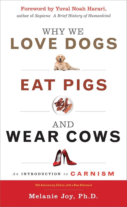 Cover of Why We Love Dogs, Eat Pigs, and Wear Cows by Melanie Joy: a dog, a plate of bacon, and red high heels
