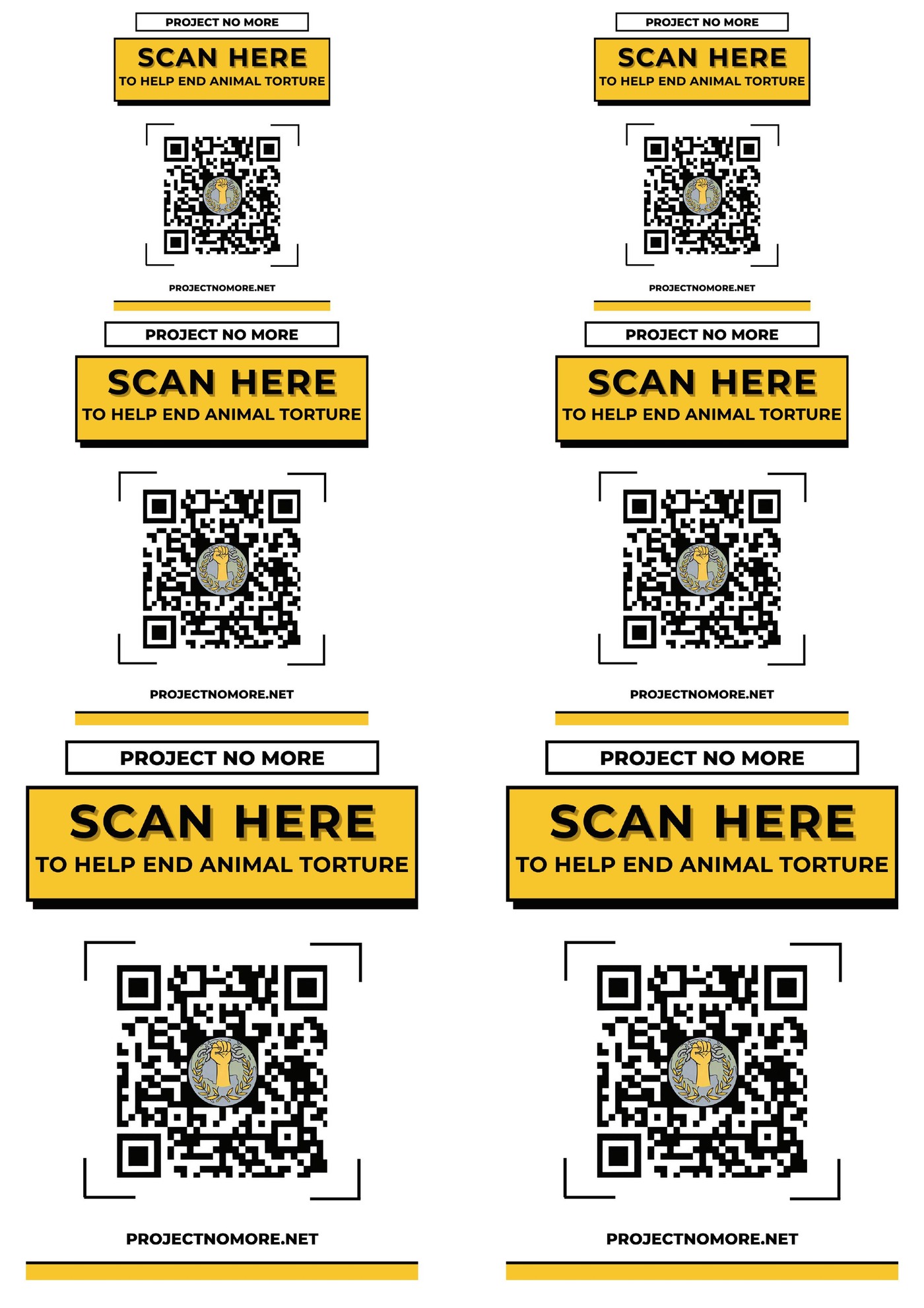 Sheet of Project No More QR code stickers and cards in three sizes